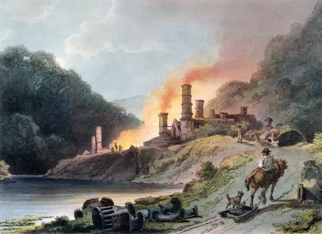 Iron Works, Coalbrookdale, grawerowane przez Williama Picketta, c.1805 (kolorowa akwatinta) autorstwa Philippe Jacques de Loutherbourg