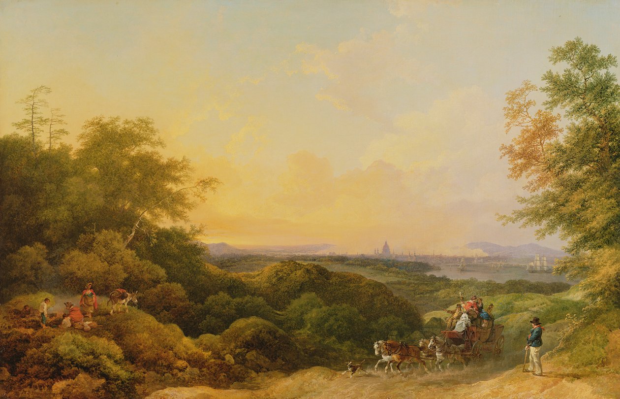 Wieczorny trener, Londyn z Greenwich, 1805 autorstwa Philippe Jacques de Loutherbourg