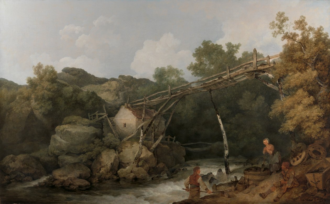 Widok w pobliżu Matlock, Derbyshire z postaciami pracującymi pod drewnianym przenośnikiem autorstwa Philippe-Jacques de Loutherbourg