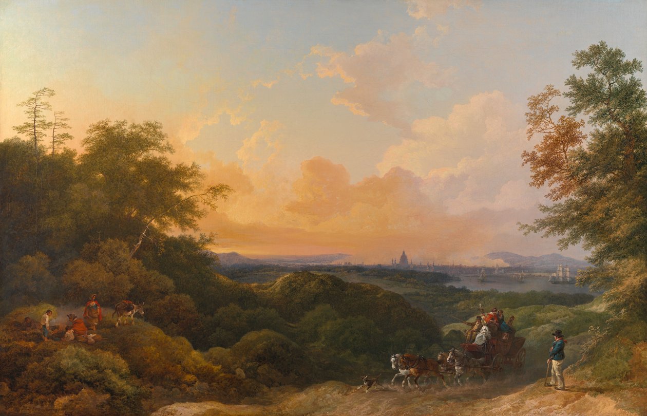 The Evening Coach, Londyn w oddali autorstwa Philippe-Jacques de Loutherbourg
