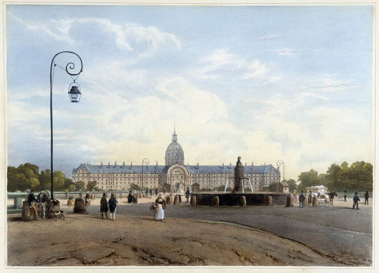 Hôtel des Invalides widziany z Pola Marsowego - w „”Spacer po Paryżu i jego okolicach””, autorstwa Jacotteta i Benoista, wyd. Gihaut autorstwa Philippe Benoist