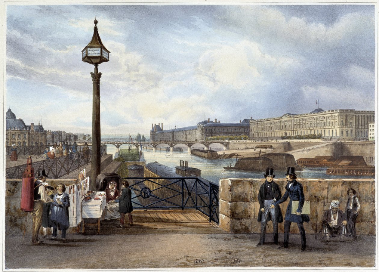 Luwr złowiony z mostu Pont Neuf - w „Promenade dans Paris et ses environs”, zaprojektowanym przez Jacotteta i Benoista, ok. 1930 r. 1840 autorstwa Philippe Benoist