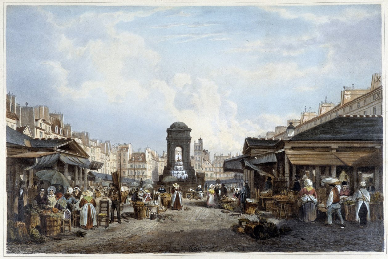 Spacer wokół fontanny niewinnych ok. godz. 1840 - w „”Promenade dans Paris et ses environs””, il. Jacottet i Benoist, Paryż, v.1840 autorstwa Philippe Benoist