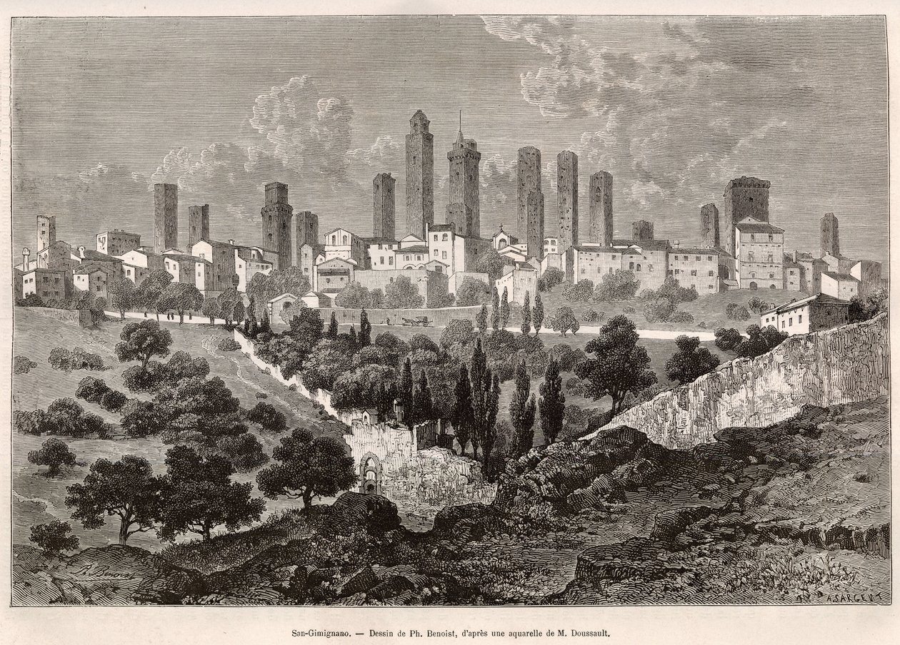 Widok na San Gimignano (Toskania, Włochy). Rycina według rysunku Ph. Benoista, ilustrującego podróż do Toskanii i Umbrii, autorstwa Francisa Weya, w 1875 r., opublikowana w „Le tour du monde” 1876, pod redakcją Edouarda Chartona, wyd. Hachette, Paryż. Selv autorstwa Philippe Benoist