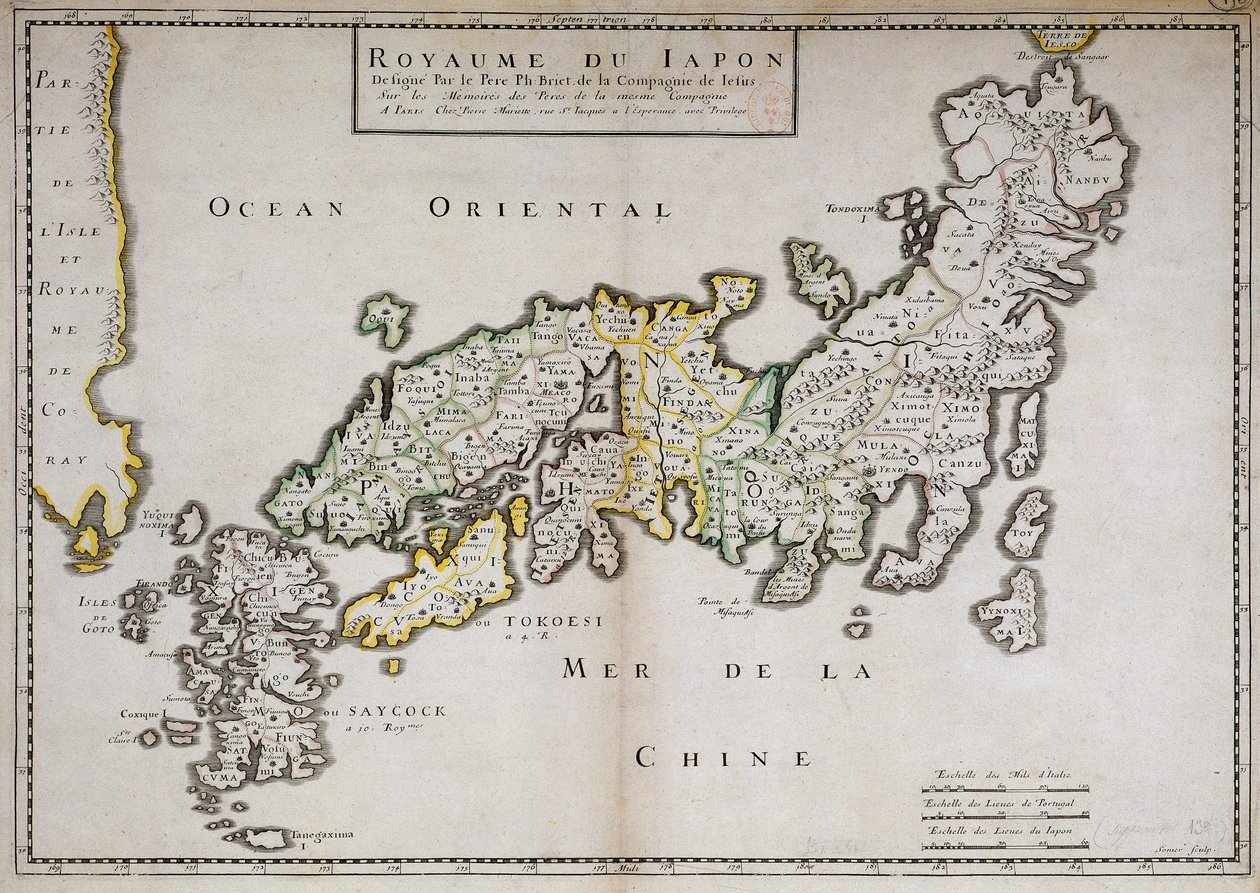 Mapa geograficzna Japonii wykonana przez księdza Philippe Briet, jezuitę i francuskiego uczonego (1601-1668). Paryż, Holandia autorstwa Philippe Briet