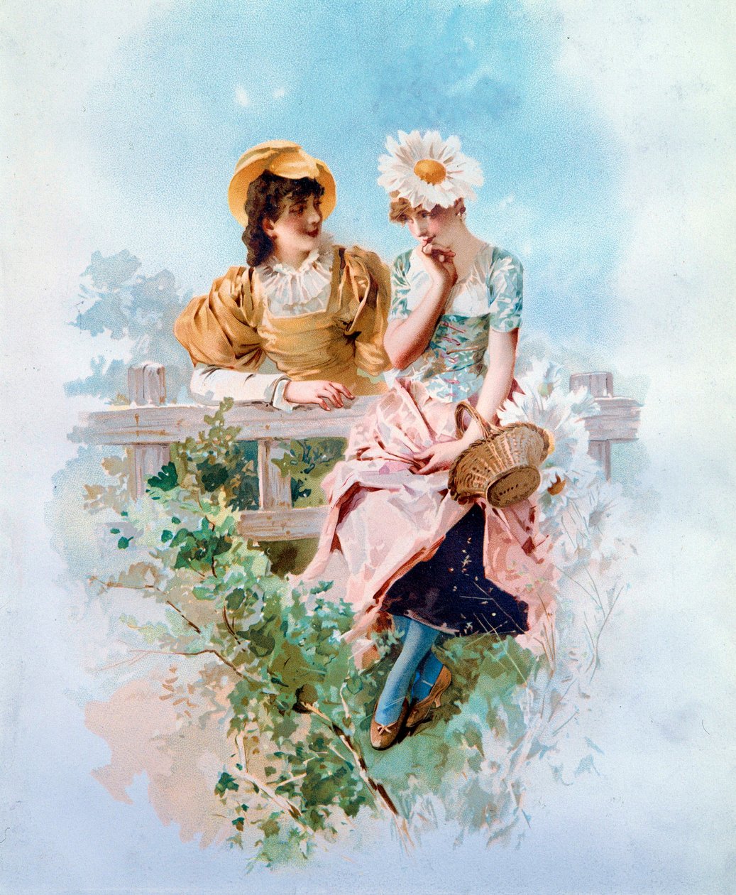 Pewność siebie Dwie młode dziewczyny szepczące sekrety. Litografia Philippe Jacques Linder (1835-?) XIX-wieczna kolekcja prywatna autorstwa Philippe Jacques Linder