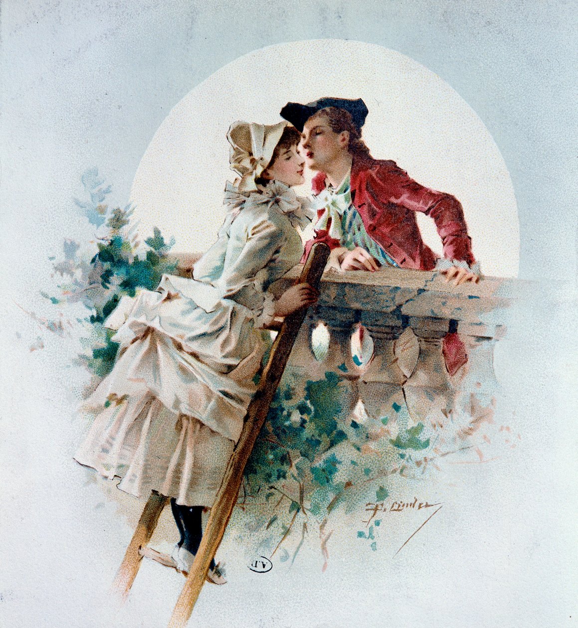 Tender kiss Gallant Scena przedstawiająca parę całującą się w świetle księżyca. Litografia Philippe Jacques Linder (1835-?) XIX-wieczna kolekcja prywatna autorstwa Philippe Jacques Linder