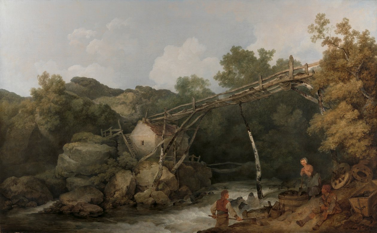 Widok w pobliżu Matlock, Derbyshire z postaciami pracującymi pod drewnianym przenośnikiem autorstwa Philippe Jacques de Loutherbourg