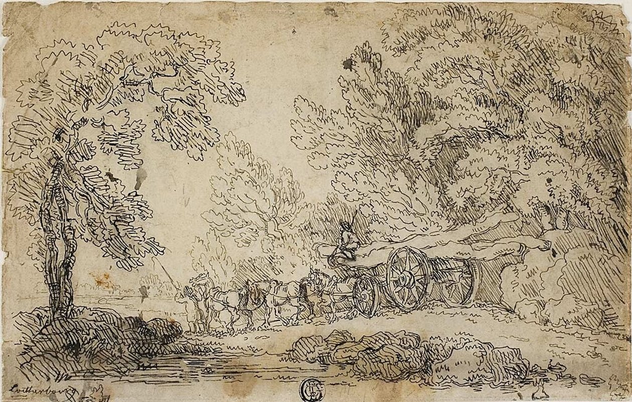 Ciągnięcie kłód w lesie (recto); Szkice ludzi wykonujących różne czynności (verso) autorstwa Philippe Jacques de Loutherbourg II