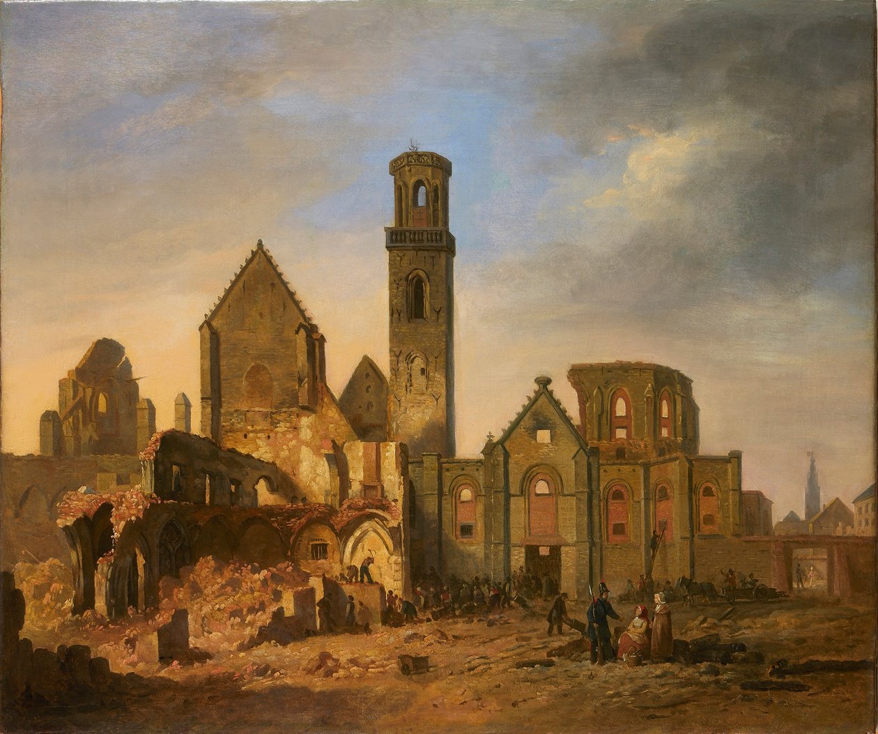 Widok opactwa św. Michała w Antwerpii po pożarze z 27 października 1830, 1830. autorstwa Philippe Jacques van Brée