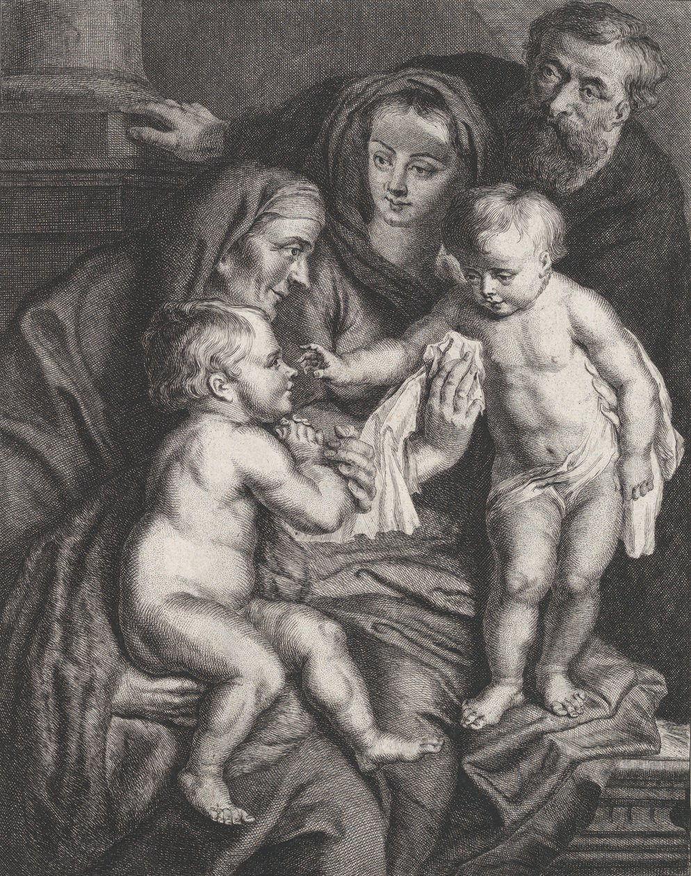 Święta Rodzina ze św. Elżbietą i dzieciątkiem św. Janem Chrzcicielem, ca. 1615-75. autorstwa Philippe Joseph Tassaert