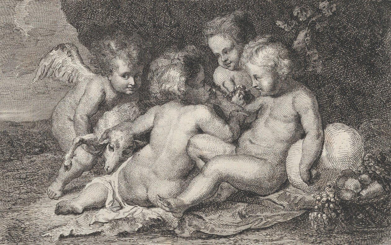 Grupa trójki dzieci i putto z owocami i barankiem ok. godz. 1760-1801. autorstwa Philippe Lambert Joseph Spruyt