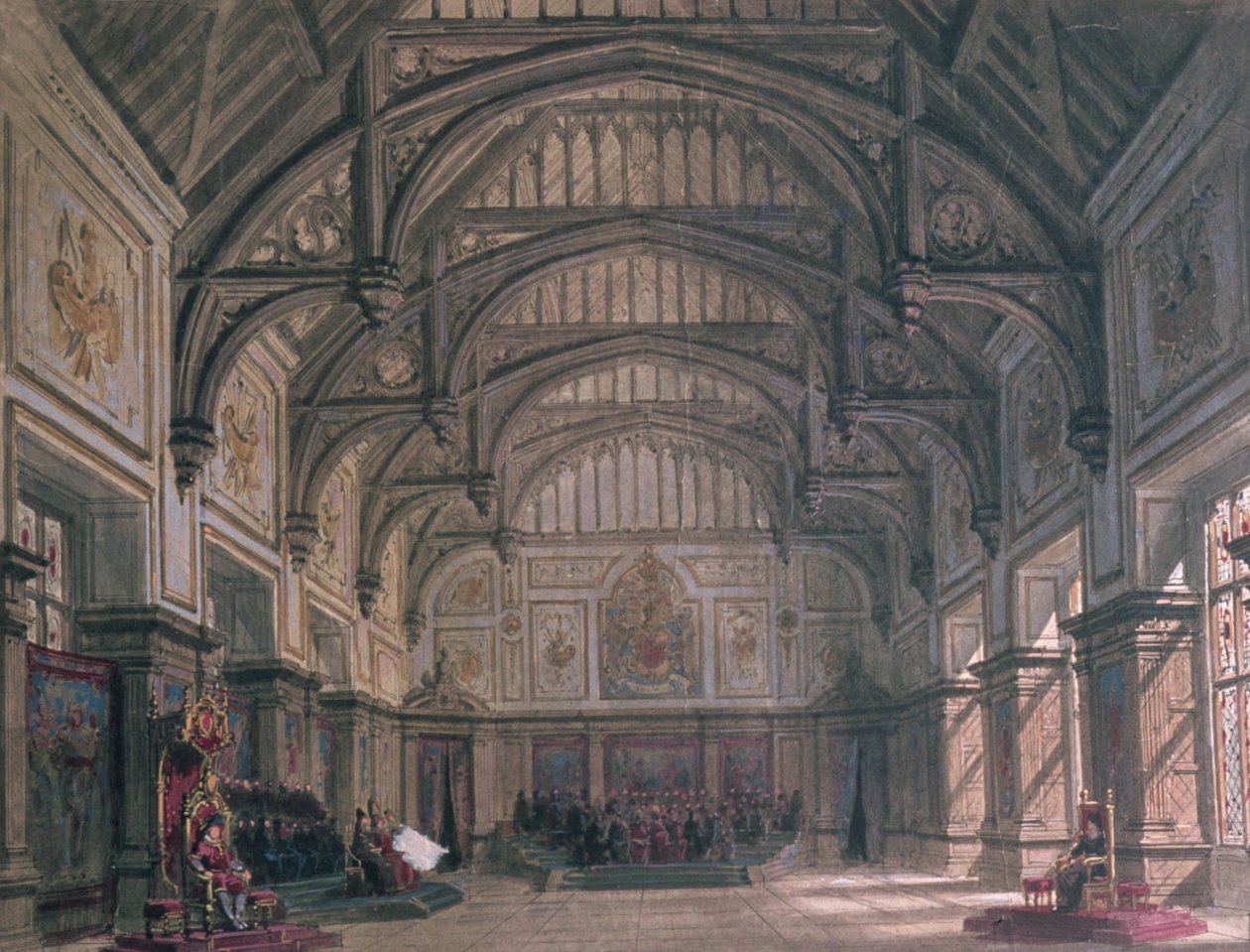 Scenografia do aktu III sztuki „Henryk VIII” Williama Szekspira, 1882 r. autorstwa Philippe Marie Chaperon