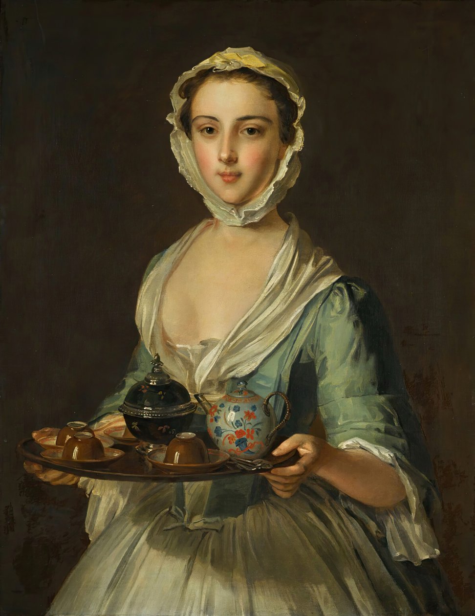 Młoda kobieta trzymająca tacę z herbatą, prawdopodobnie Hannah, służąca artysty. autorstwa Philippe Mercier