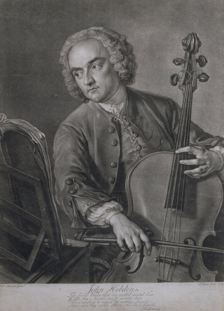 Portret Johna Hebden (fl.1740-60), wiolonczelisty w orkiestrze Haendla, sztychowany przez Johna Fabera (1684-1756), 1741 autorstwa Philippe Mercier