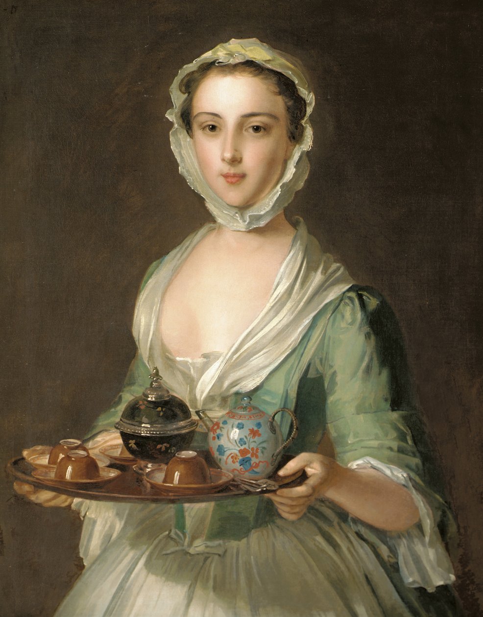 Portret młodej kobiety, prawdopodobnie Hannah, służącej artysty, trzymającej tacę z herbatą autorstwa Philippe Mercier