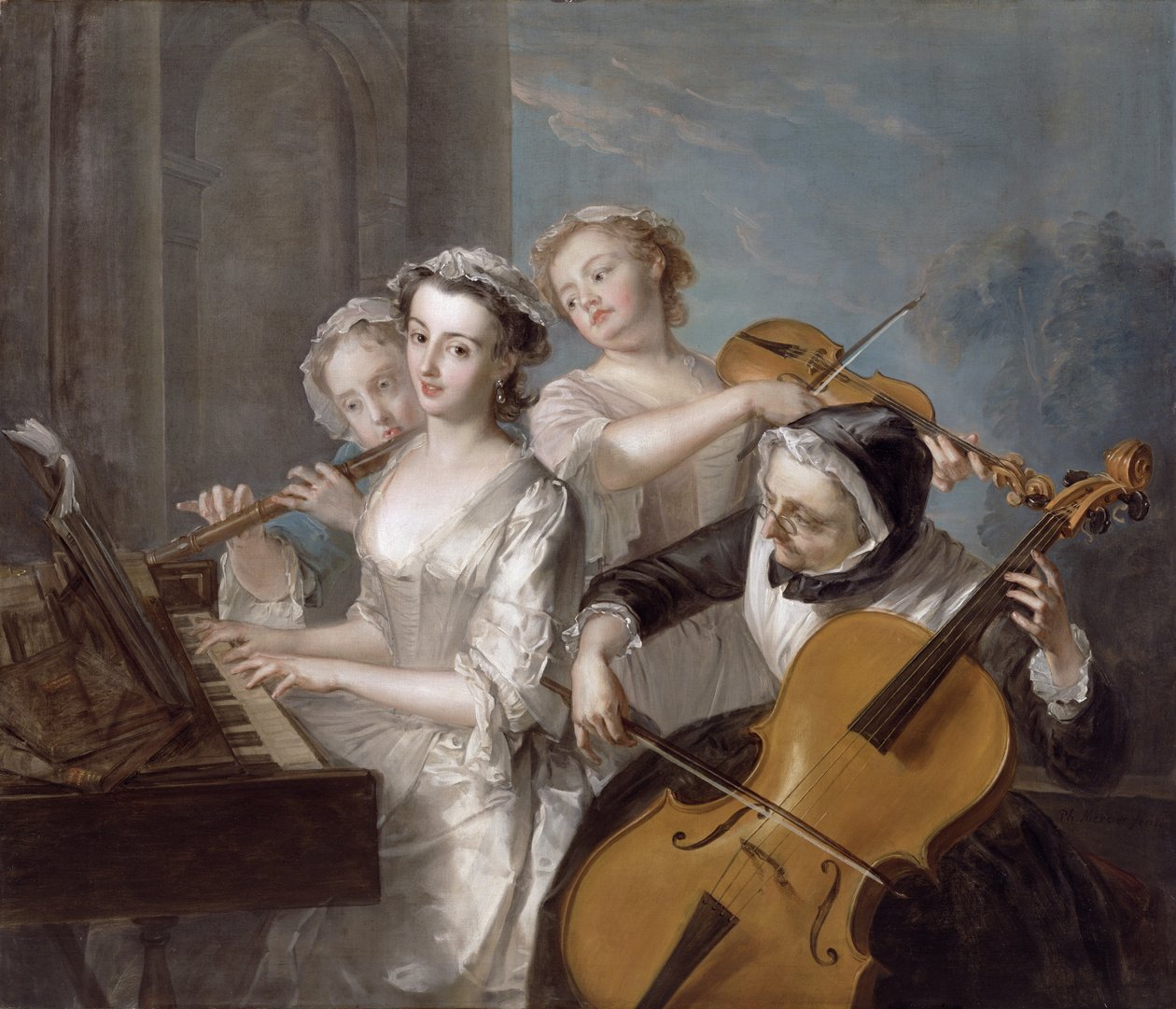 Zmysł słuchu, ok. 1744-7 (olej na płótnie) autorstwa Philippe Mercier