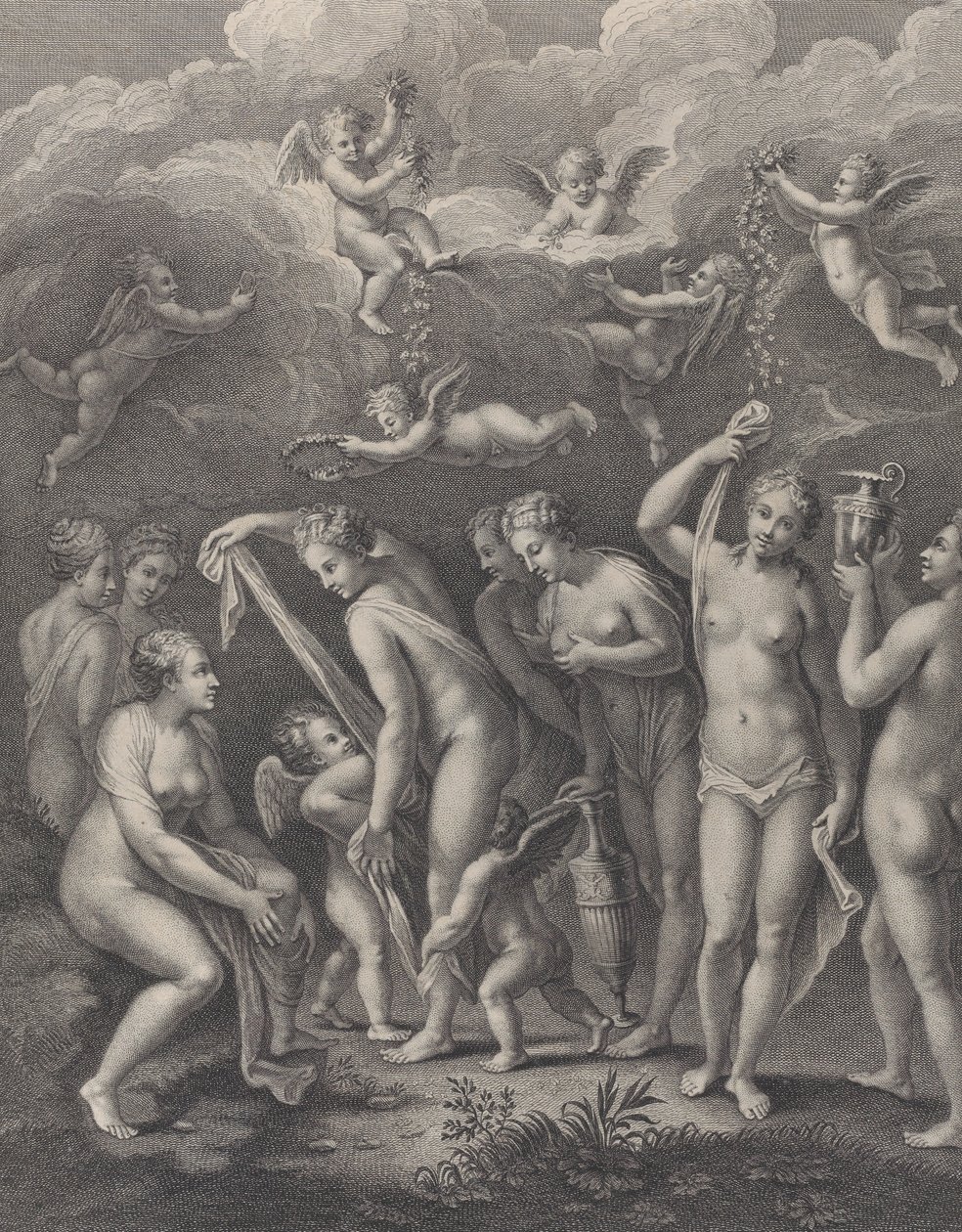Hera, Afrodyta i Atena przygotowują się do konkursu piękności przed P..., ca. 1729-40. autorstwa Philippe Simonneau
