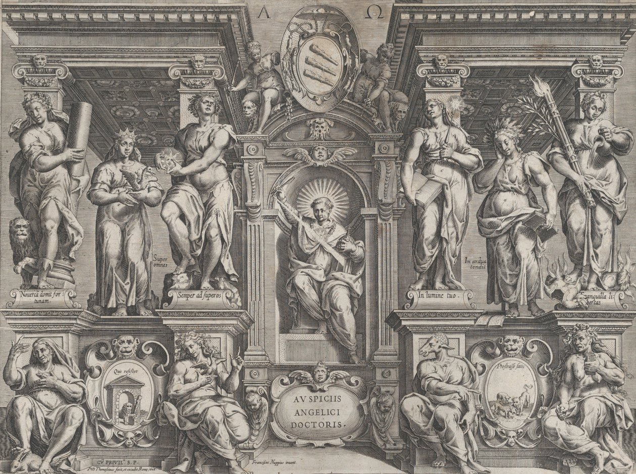 Rycina alegoryczna z różnymi postaciami, osadzona w strukturze architektonicznej, 1608 r. autorstwa Philippe Thomassin