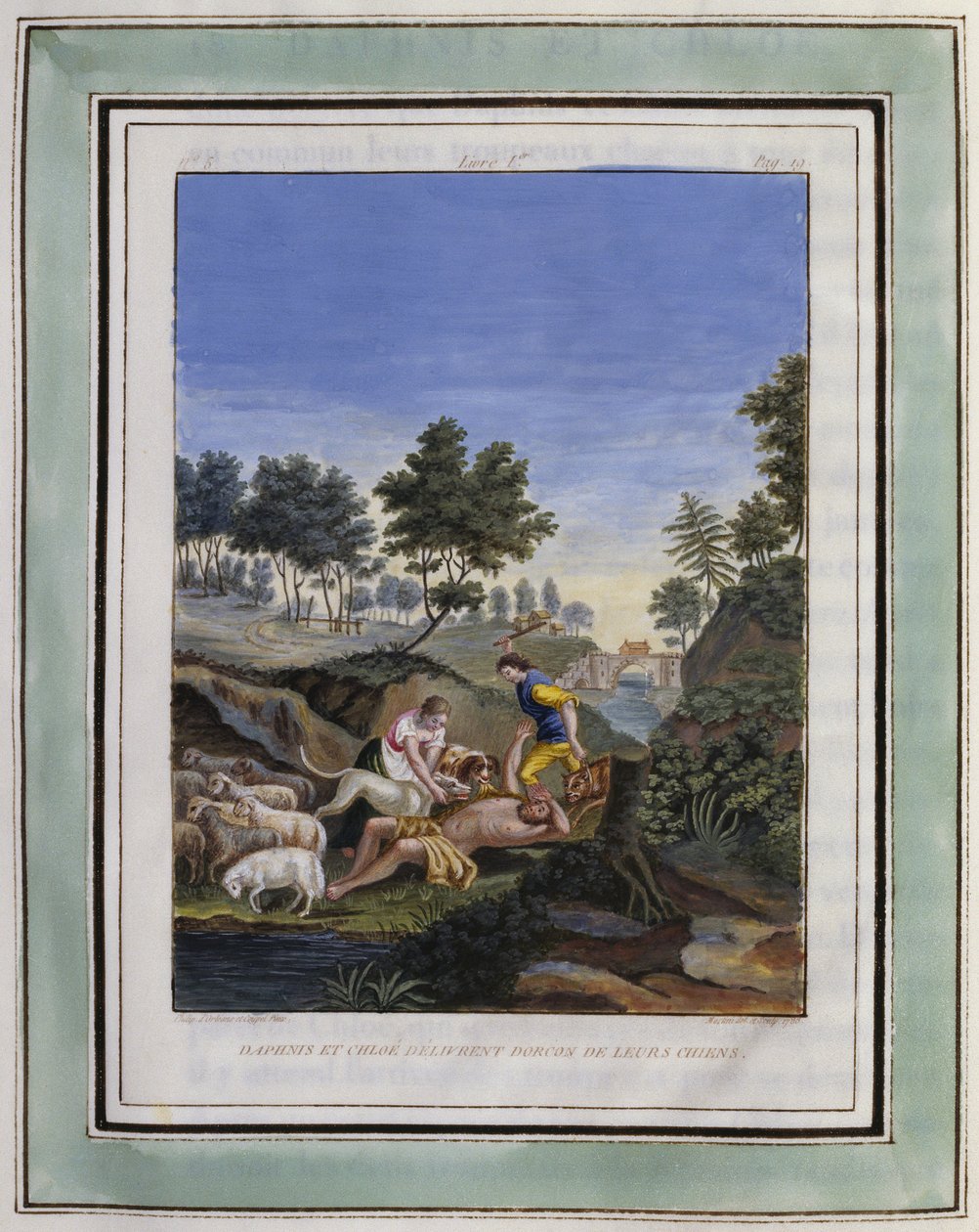 Daphnis i Chloe uwalniają Dorcona od swoich psów. Rysunek Philippe