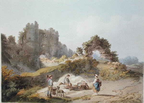 Brama zamku Carisbrook, z „Romantycznej i malowniczej scenerii Anglii i Walii”, opublikowana w 1805 r. (kolorowa grawerunek) autorstwa Philippe de (after) Loutherbourg