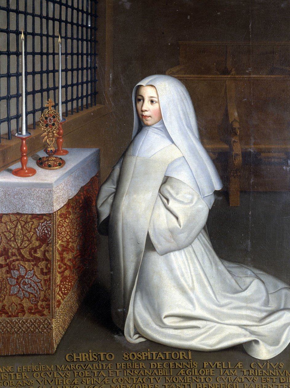 Portret Marguerite Périer, więźniarka klasztoru Port Royal des Champs (Port-Royal-des-Champs) i siostrzenicy Pascala („” Do Chrystusa Zbawiciela: Marguerite Périer, 10-letnia dziewczynka, której lewe oko zostało wyleczone w kontakcie z ożywczym cierniem”)  autorstwa Philippe de (attr. to) Champaigne
