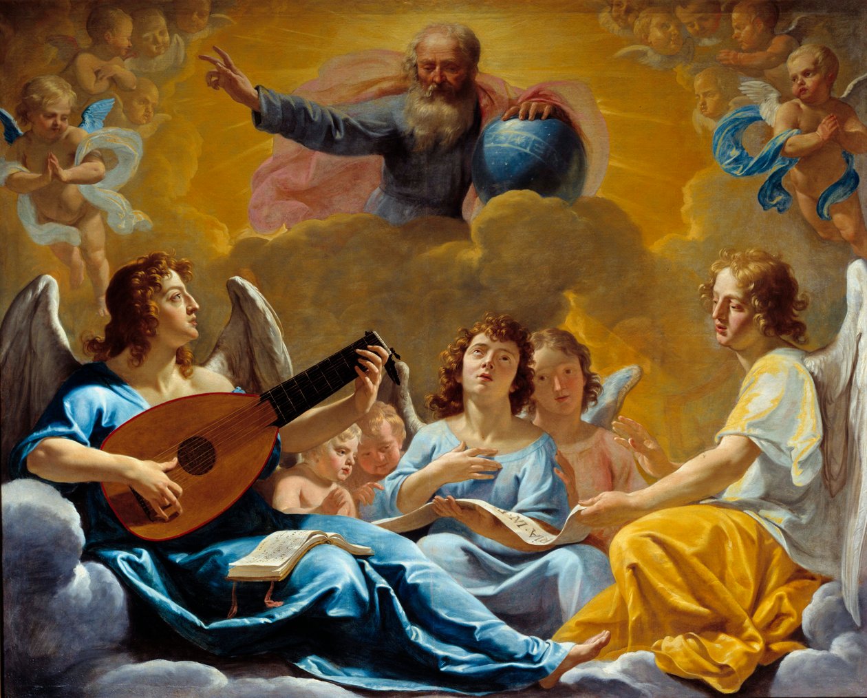Koncerty aniołów Reprezentacja Boga Wszechmogącego na Globie. Obraz Philippe de Champaigne (1602-1674) XVII w. Niedz. 1,75x2,2 m Rouen, musee des Beaux Arts autorstwa Philippe de Champaigne