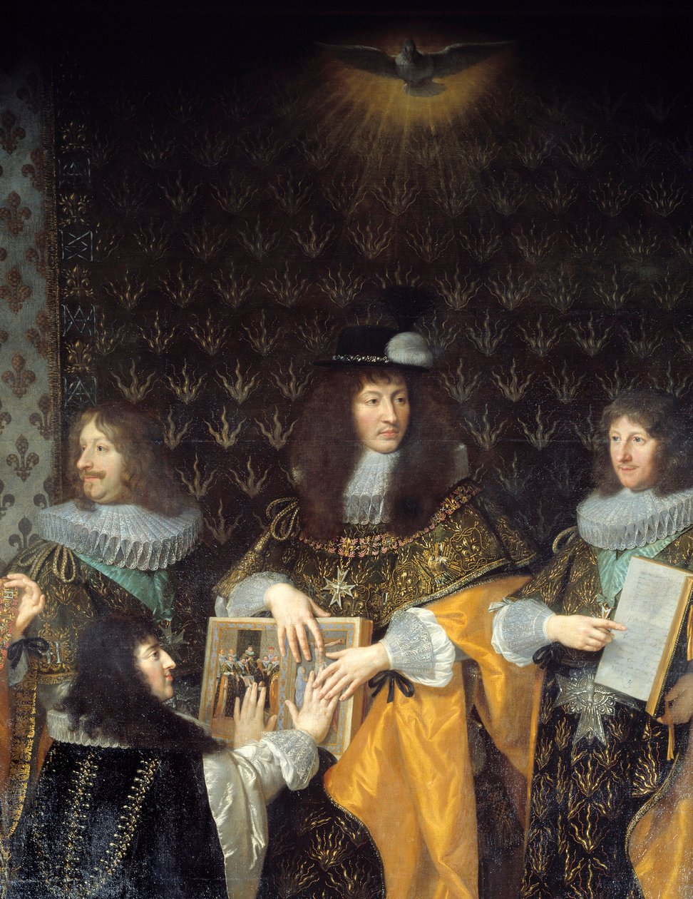 Król Ludwik XIV otrzymuje rycerza Orderu Ducha Świętego (Order Ducha Świętego) swojego brata księcia Andegawenii Detail. Obraz Philippe de Champaigne (1602-1674) Grenoble z XVII wieku, Musee des Beaux Arts autorstwa Philippe de Champaigne