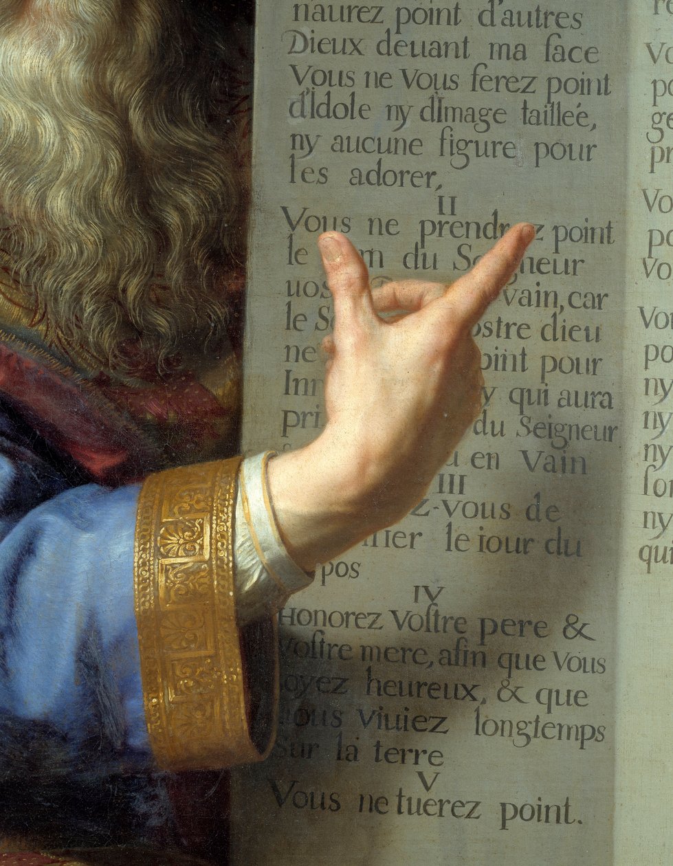 Mojżesz i tablice Prawa, szczegół ręki Mojżesza przedstawiający dziesięć przykazań. Obraz Philippe De Champaigne (1602-1674) Ec. Bujda. autorstwa Philippe de Champaigne
