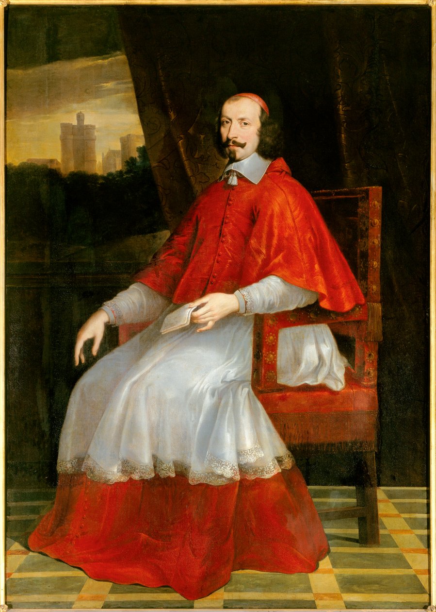 Portret u stóp kardynała Julesa Mazarina (Giulio Raimondo Mazzarino lub Mazarino) (1602-1661) Kardynał siedzi za nim z widokiem na Chateau de Vincennes. Obraz Philippe de Champaigne (1602-1674). Słońce 2,05 x 1,44 m. Chantilly, Muzeum Hrabiego - F autorstwa Philippe de Champaigne