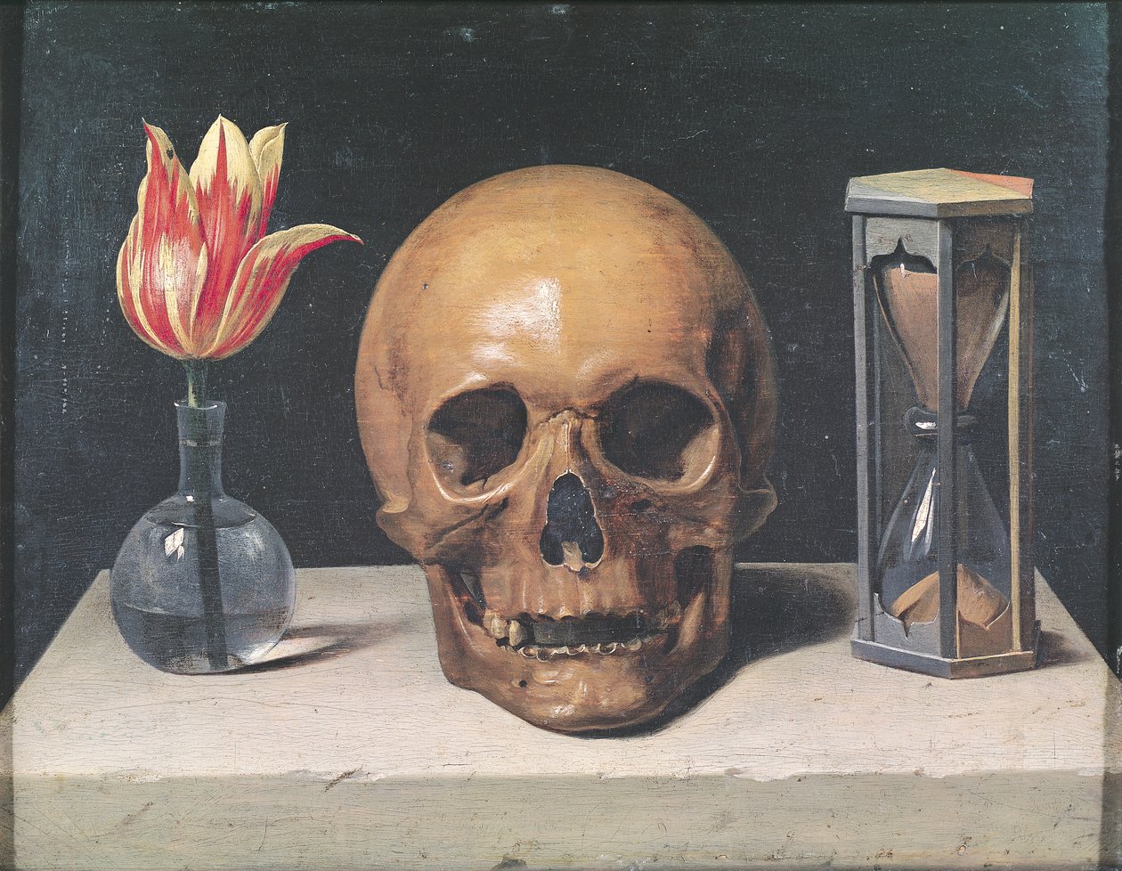 Martwa natura Vanitas z tulipanem, czaszką i klepsydrą (olej na panelu) autorstwa Philippe de Champaigne