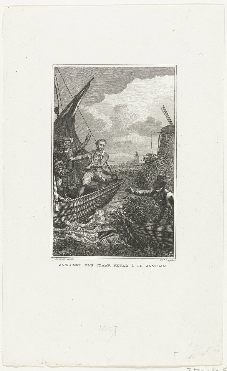 Przybycie cara Piotra Wielkiego do Zaandam, 1697, c. 1829 autorstwa Philippus Velijn