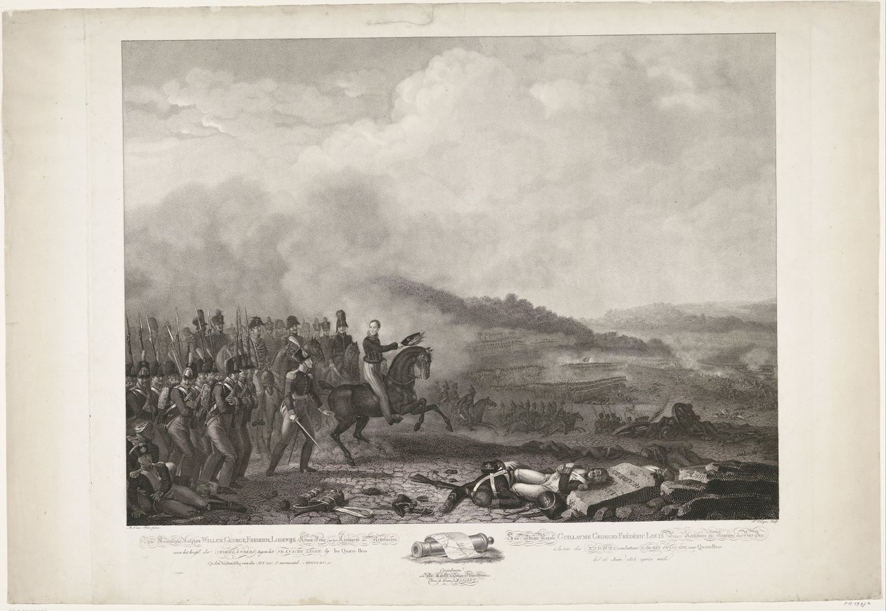 Książę Orange dowodzący oddziałami holenderskimi w bitwie pod Quatre-Bras, 1815 Jego Królewska Wysokość William, George, Frederik, Lodewijk, następca tronu Królestwa Niderlandów na czele armii holenderskiej przeciwko armii francuskiej przez Quatre-B autorstwa Philippus Velijn