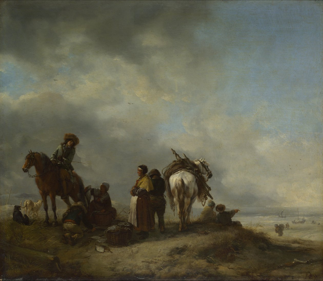 Widok na wybrzeże z rybakami oferującymi ryby jeźdźcowi autorstwa Philips Wouwerman
