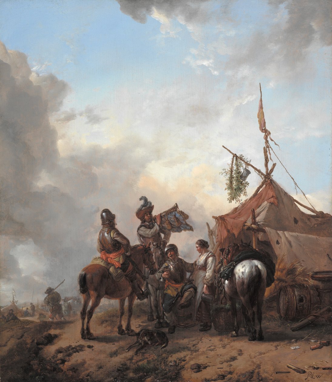Żołnierze hulający ze służącą przed namiotem, ok. 1655 (olej na desce dębowej) autorstwa Philips Wouwerman