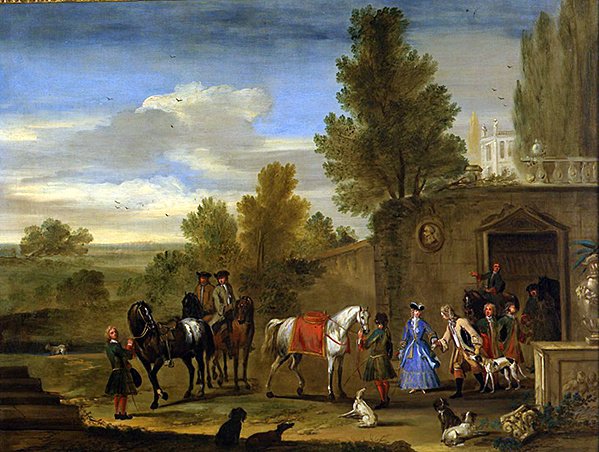 Grupa jeździecka poza murami zamku (olej na płótnie) autorstwa Philips (attr.) Wouwermans or Wouvermans