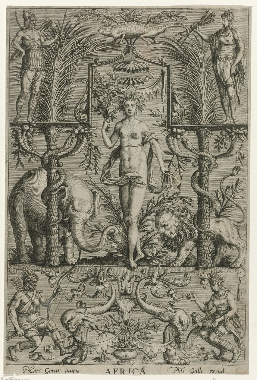 Afryka Afryka (tytuł na obiekcie) Cztery kontynenty (tytuł serii) autorstwa Philips Galle (attributed to workshop of)
