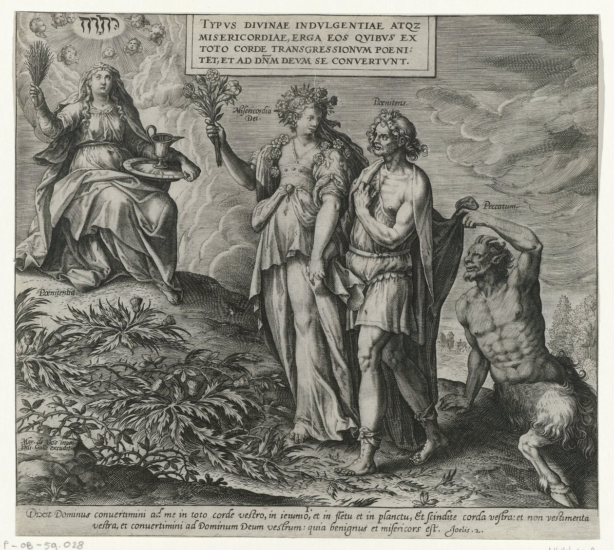 Alegoria nad boetedoeningiem en berouw Boetedoening en berouw in het Oude Testament en het Nieuwe Testament (tytuł serii) Typ Boskiego zadufania i miłosierdzia wobec tych, którzy całym sercem żałują swojego przestępstwa i zwracają się do Boga autorstwa Philips Galle (attributed to workshop of)
