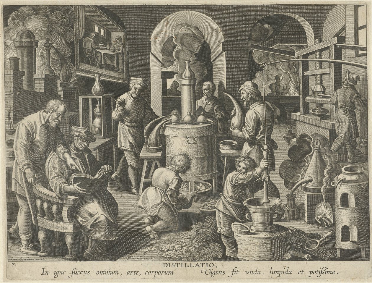 Destylacja Destylacja (tytuł na przedmiocie) Nowe wynalazki i odkrycia (tytuł serii) Nova Reperta (tytuł serii) autorstwa Philips Galle (attributed to workshop of)
