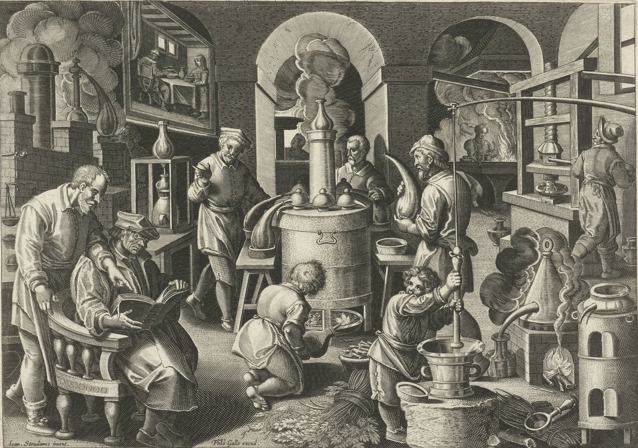 Destylacja Nowe wynalazki i odkrycia (tytuł serii) Nova Reperta (tytuł serii) autorstwa Philips Galle (attributed to workshop of)
