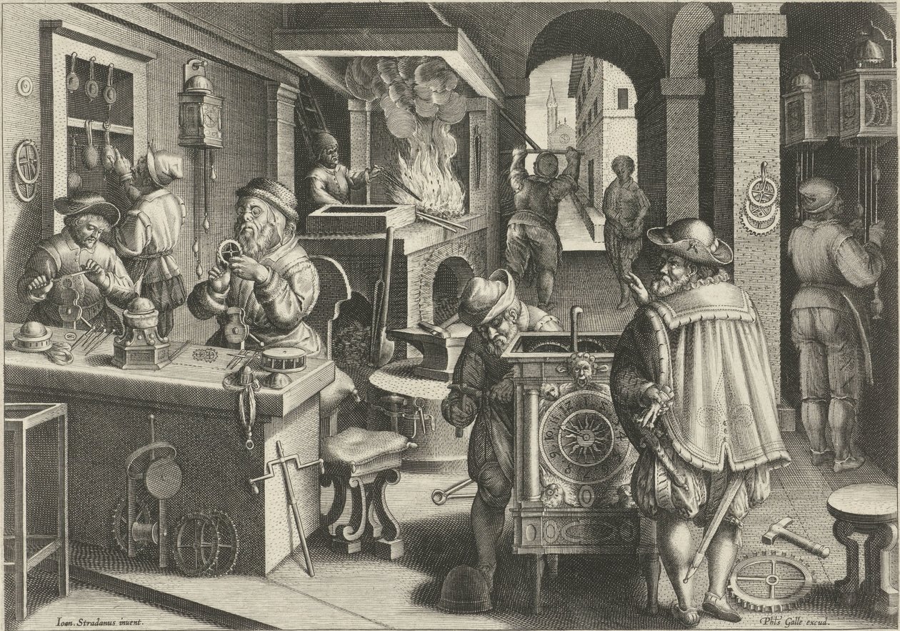 Zegarmistrzowie Nowe wynalazki i odkrycia (tytuł serii) Nova Reperta (tytuł serii) autorstwa Philips Galle (attributed to workshop of)