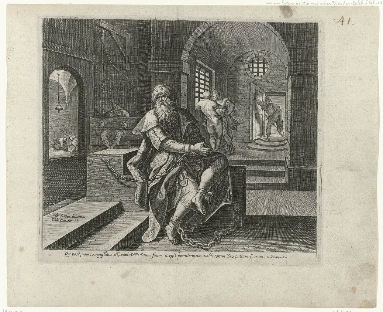 Koning Manasse w więzieniu Boetedoening en berouw in het Oude Testament en het Nieuwe Testament (tytuł serii) Rodzaj Boskiego odpustu i miłosierdzia wobec tych, którzy z całego serca żałują swoich występków i zwracają się do Boga (seria autorstwa Philips Galle (attributed to workshop of)