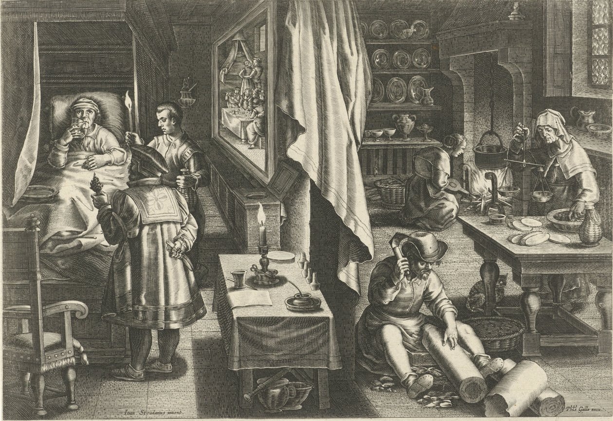 Lek na kiłę Nowe wynalazki i odkrycia (tytuł serii) Nova Reperta (tytuł serii) autorstwa Philips Galle (attributed to workshop of)