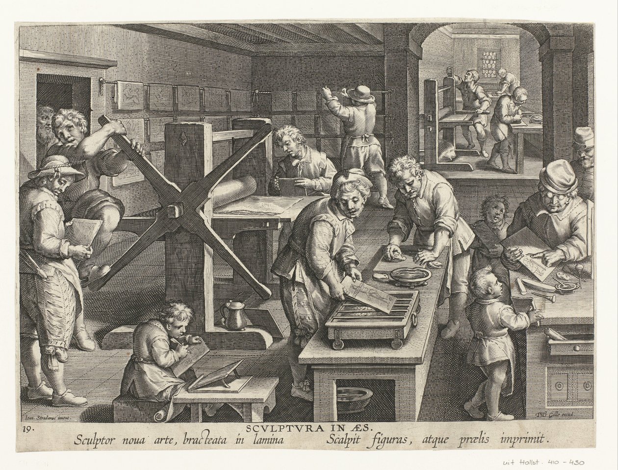 Produkcja miedziorytów Scvlptvra in aes (tytuł na obiekcie) Nowe wynalazki i odkrycia (tytuł serii) Nova Reperta (tytuł serii) autorstwa Philips Galle (attributed to workshop of)