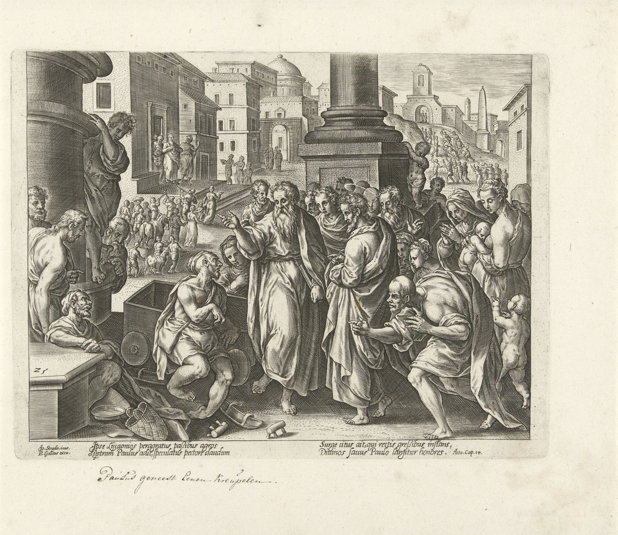 Paweł uzdrawia kalekę w Listrze Dzieje Apostolskie (tytuł serii) Acta Apostolorum (tytuł serii) autorstwa Philips Galle (possibly)