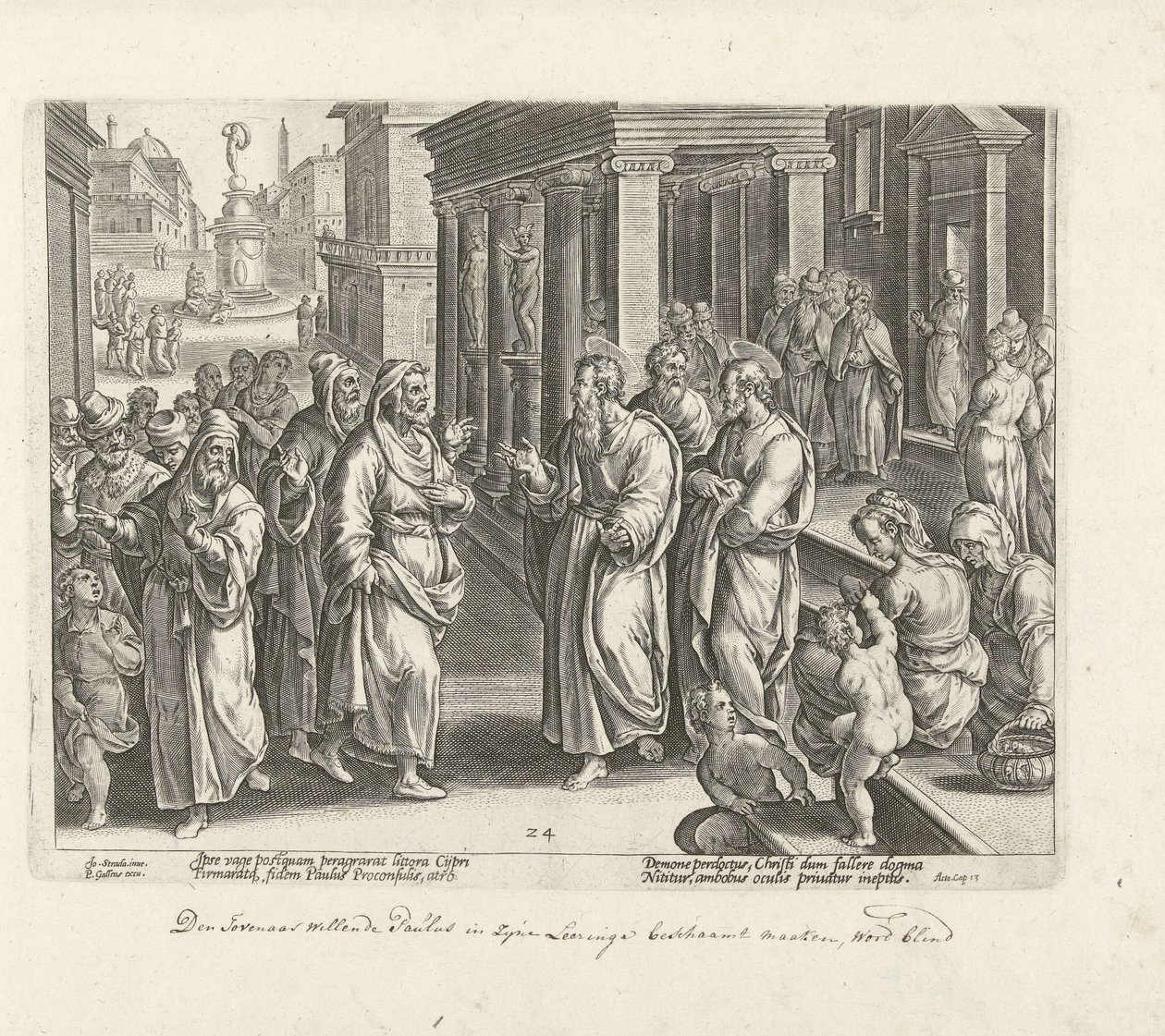 Paweł kłóci się z czarownikiem Elimasem Dzieje Apostolskie (tytuł serii) Acta Apostolorum (tytuł serii) autorstwa Philips Galle (possibly)