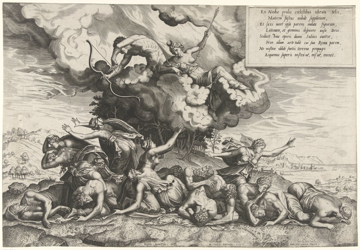 Apollo i Diana zabijają dzieci Niobe autorstwa Philips Galle