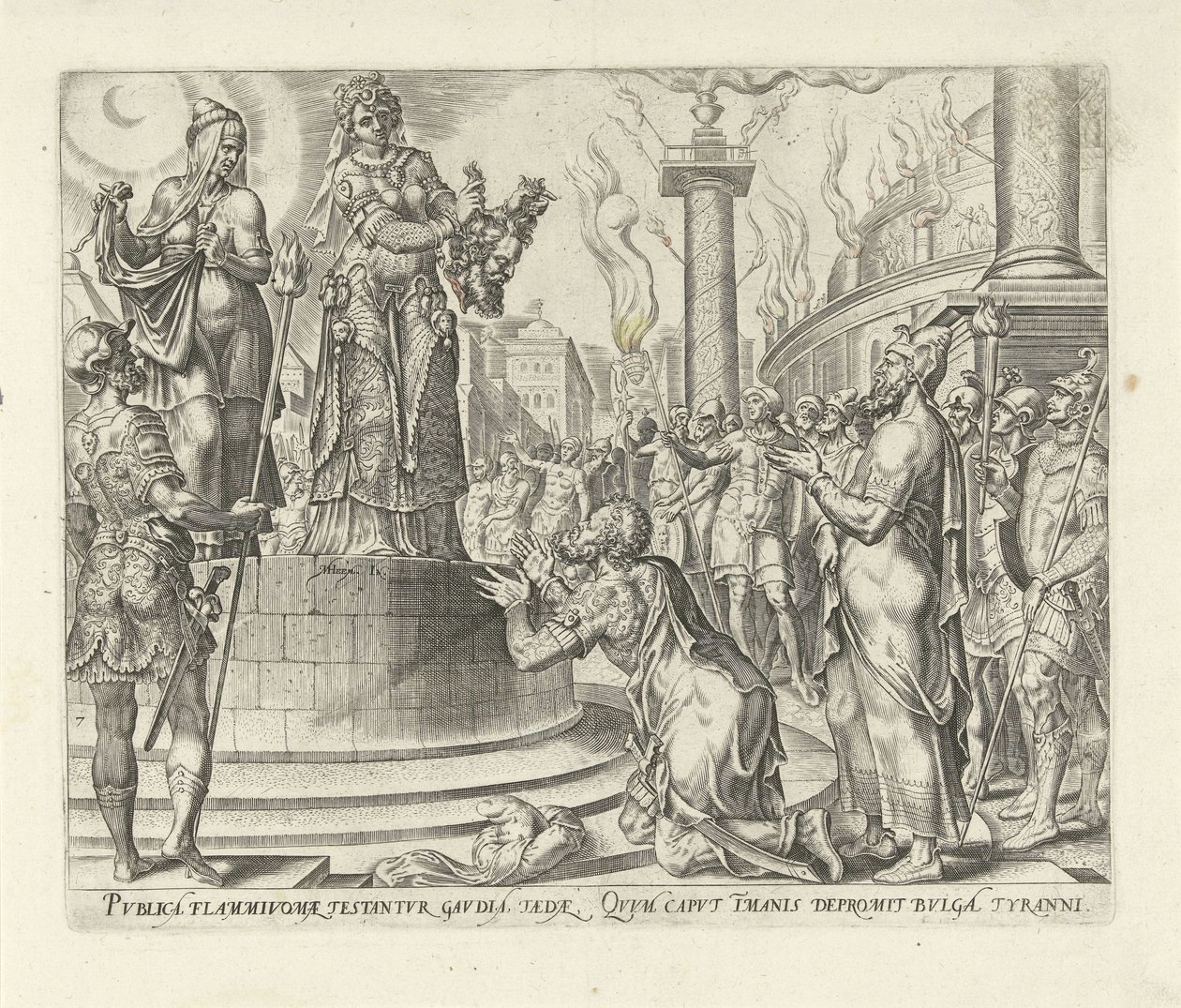 Judyta pokazuje ludowi głowę Holofernesa” Historia Judyty i Holofernesa (tytuł serii) autorstwa Philips Galle