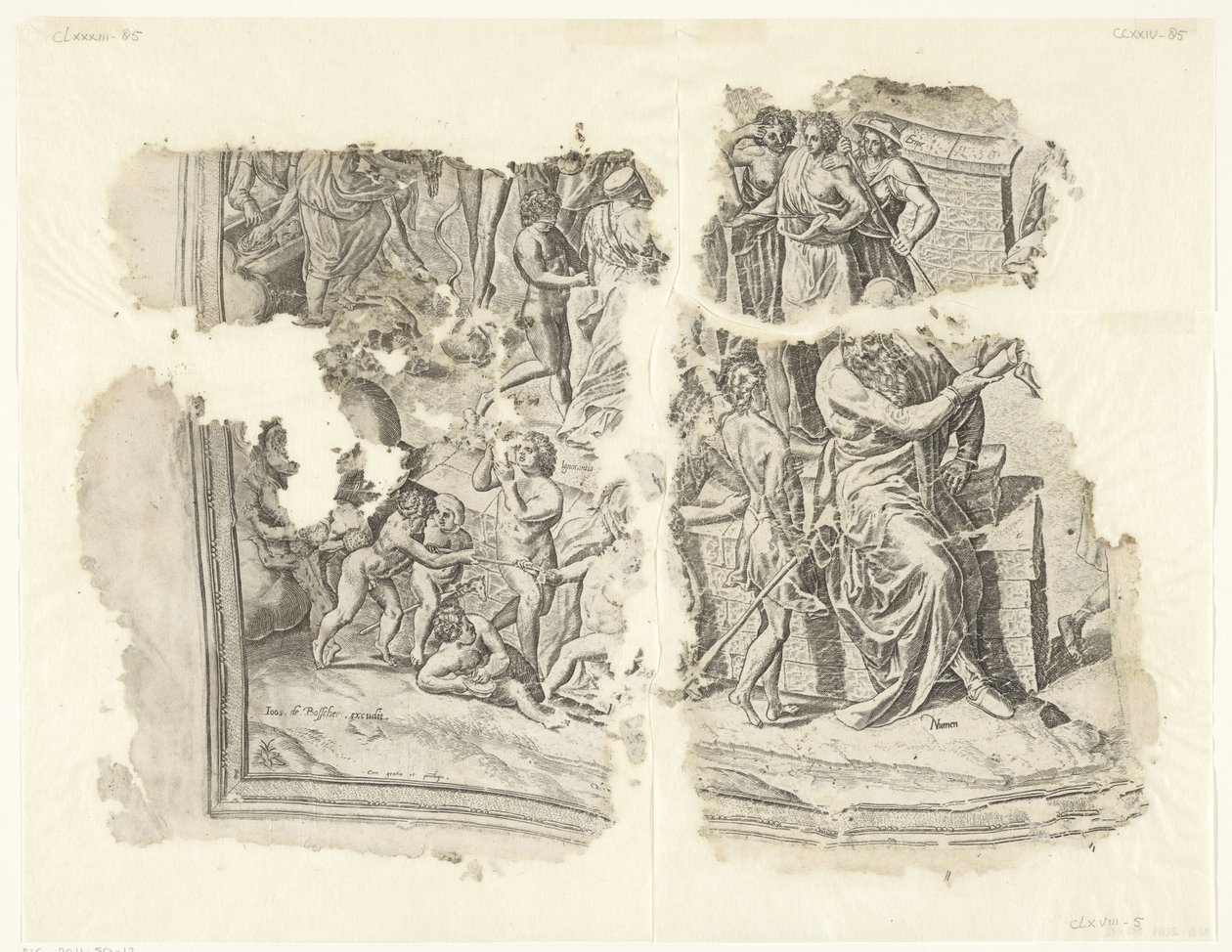 Lewy dolny róg wydruku sceny autorstwa Cebes Tabula Cebetis Carta Vitae (tytuł oryginalny) autorstwa Philips Galle