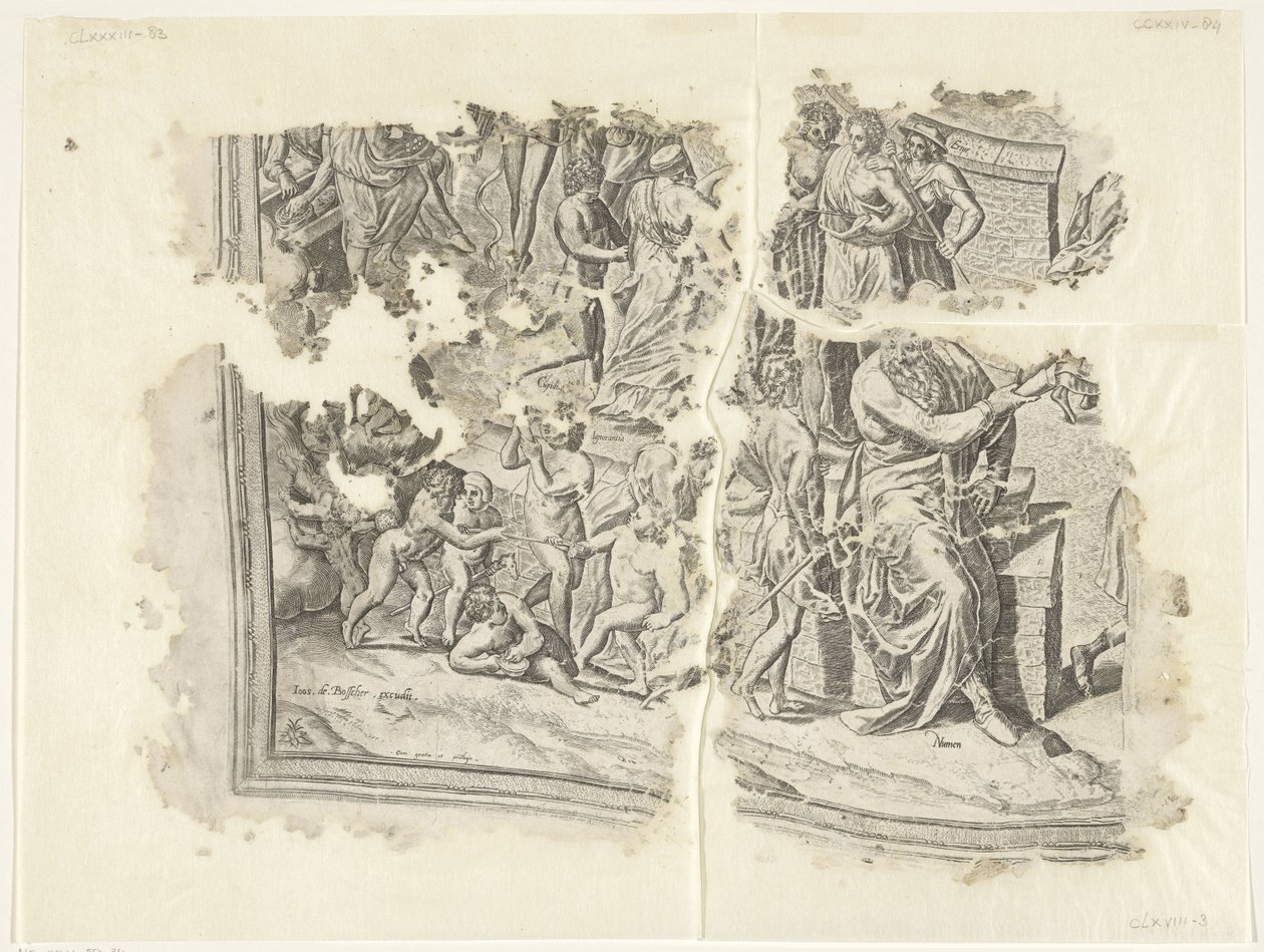 Lewy dolny róg wydruku sceny autorstwa Cebes Tabula Cebetis Carta Vitae (tytuł oryginalny) autorstwa Philips Galle